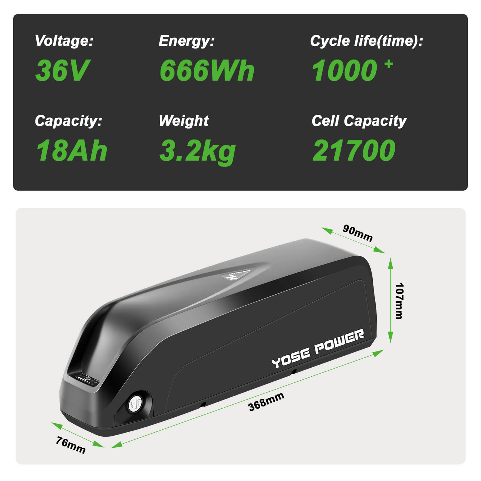36V 18Ah(666Wh) E-Bike Li-ion Accu Hailong-MIX met 5 Vergulde Ronde Plug vervangt voor YOSE POWER 13Ah Hailong Accu