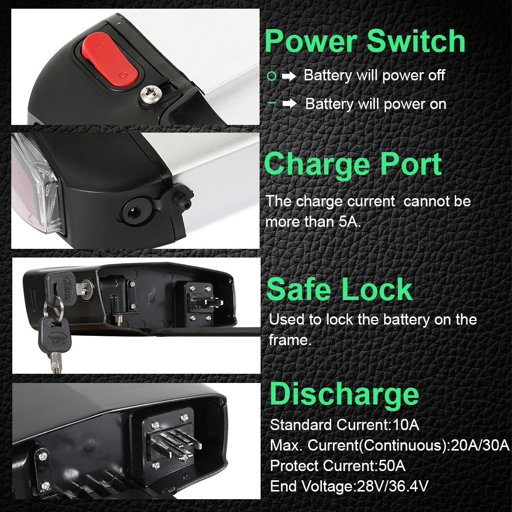 Battery power button, charge port, safe lock and discharge