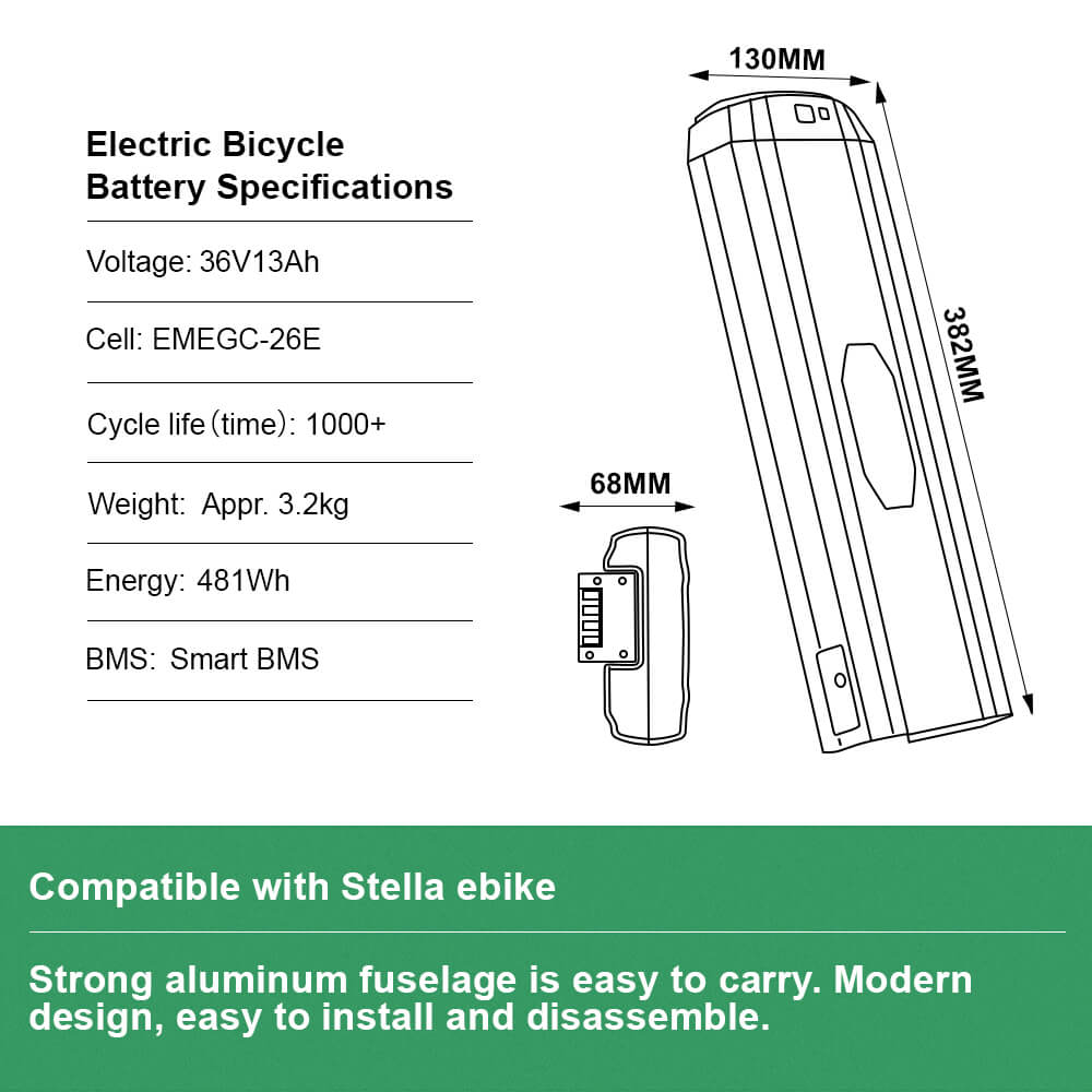 36V 13Ah(481Wh) Fietsaccu voor Stella fietsen (type 2) Lithium-ion Accu Zwart zonder Oplader en Houder