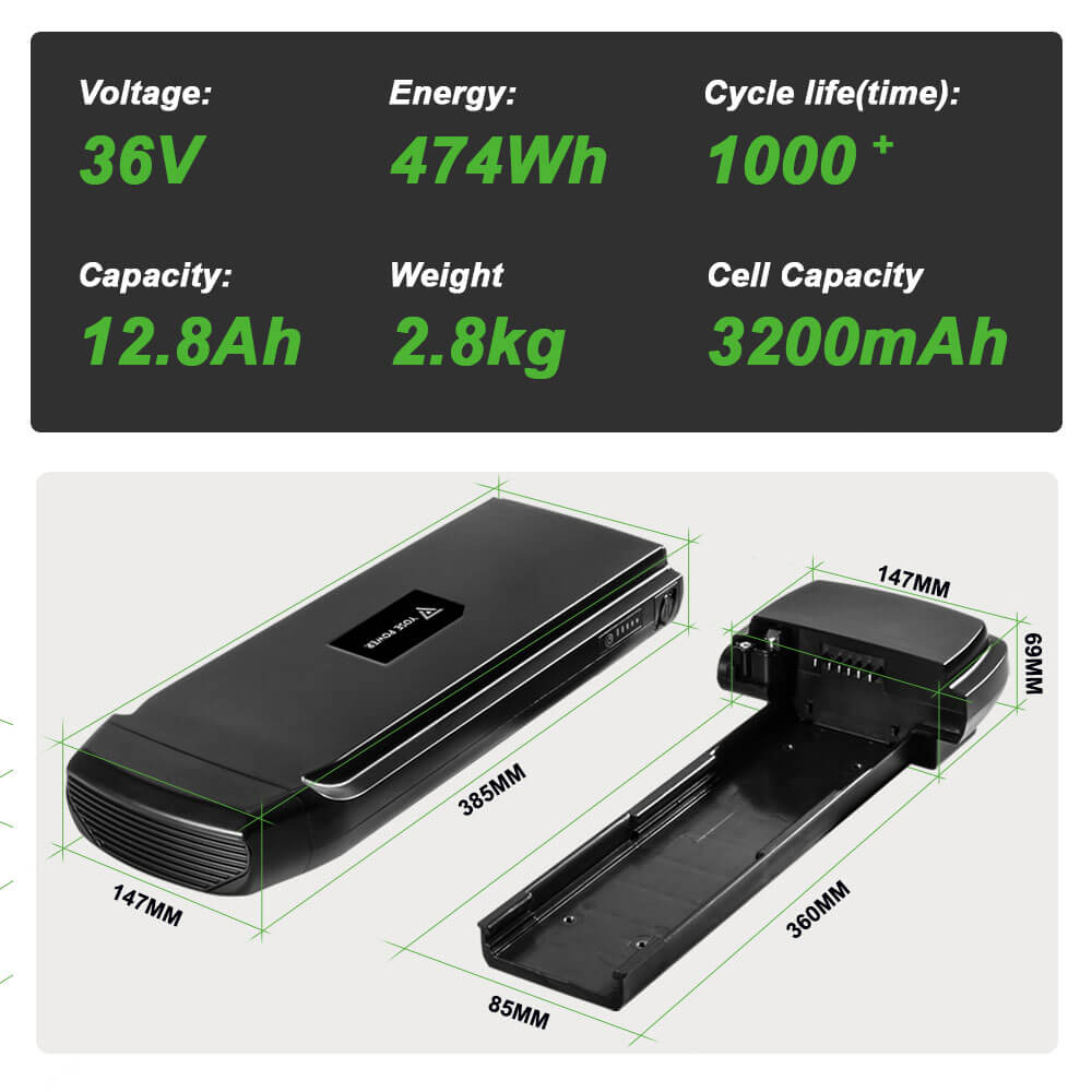 36V 10.4Ah(385Wh)/12.8Ah(474Wh) E-Bike Achteraccu met Lader en Houder voor Phylion Joycube SF-03 JCEB360-11