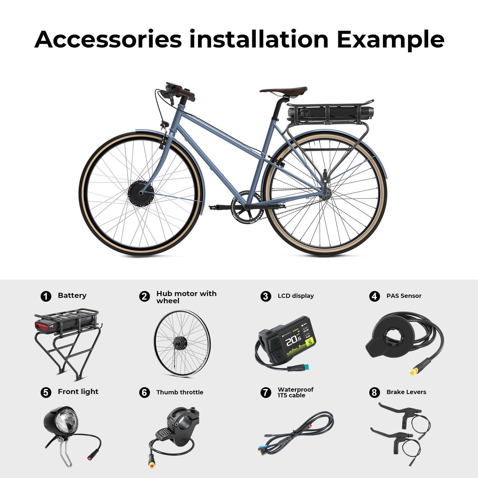 E-Bike ombouwset 36V 250W 28" (700C) Front Motor Kit R1 met 36V 13Ah Achteraccu en Kleurendisplay Geschikt voor