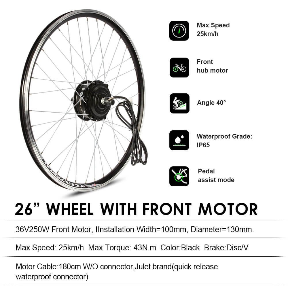 E-Bike ombouwset 36V 250W 26" Voormotor Kit Fiets E-Bike Naafmotor in Zwart