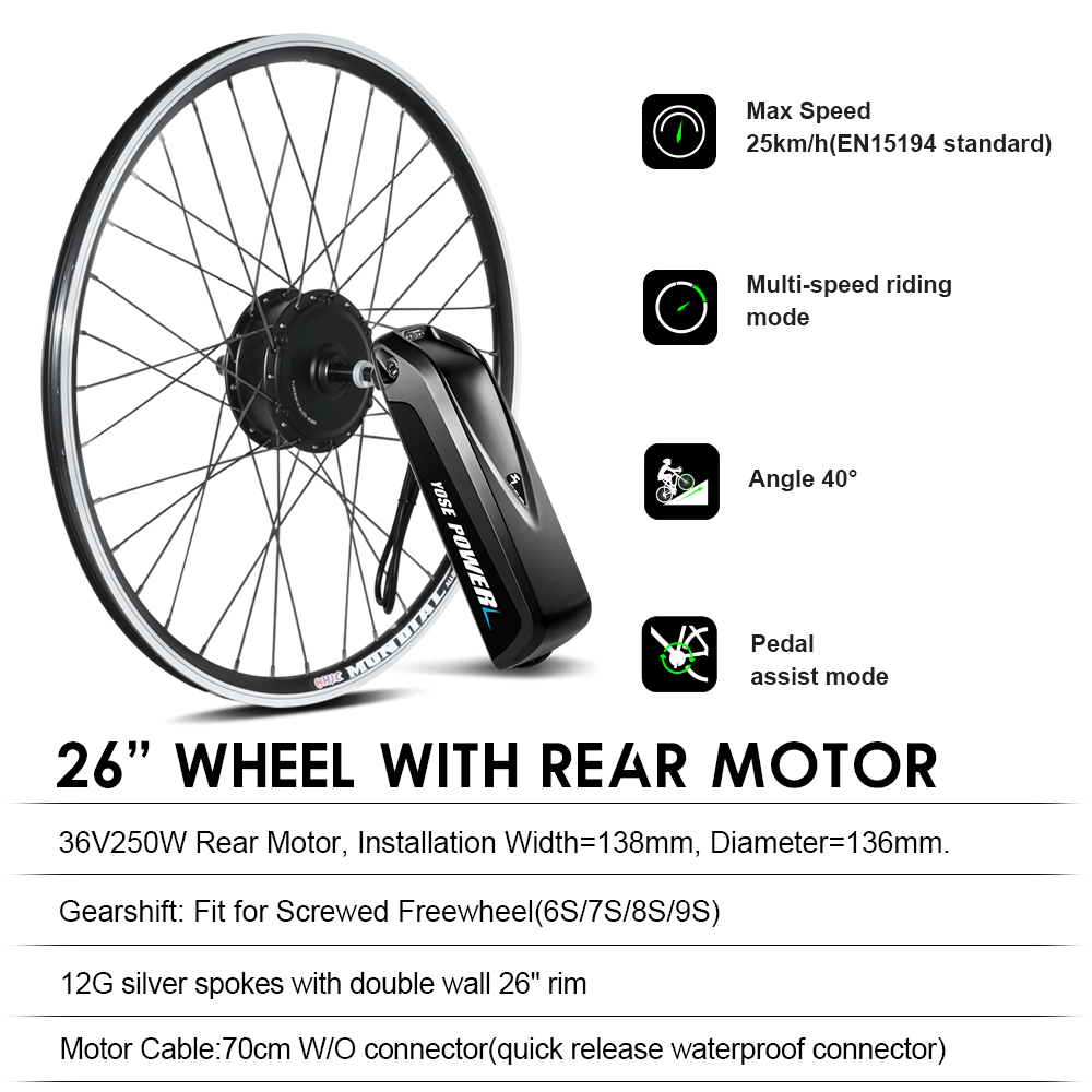 E-Bike ombouwset 36V 250W 26" Achter Motor Kit voor Vrijwiel met 36V 13Ah Accu