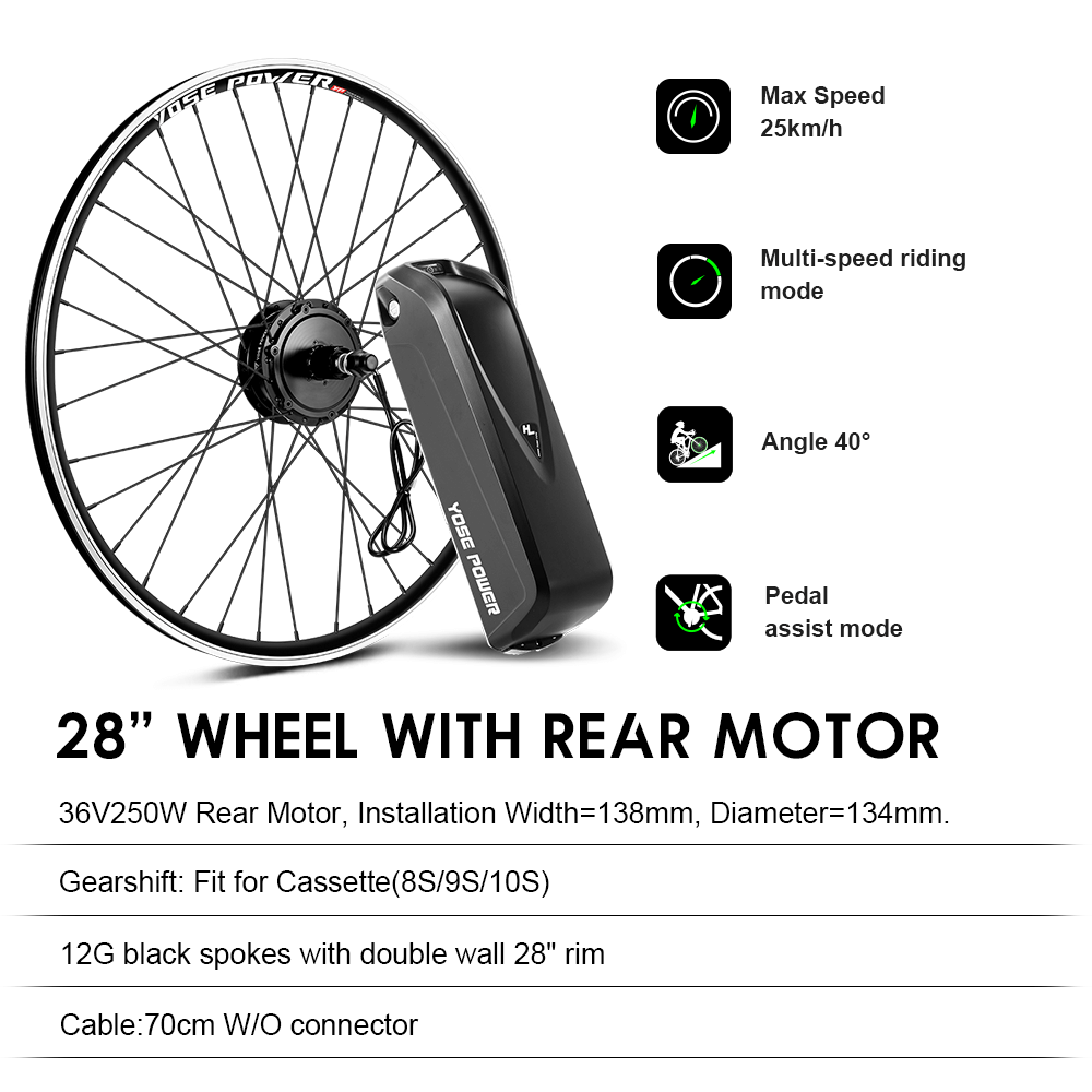 E-Bike ombouwset 36V 250W 28" Achter Motor Kit voor Cassette met 36V 18Ah Accu