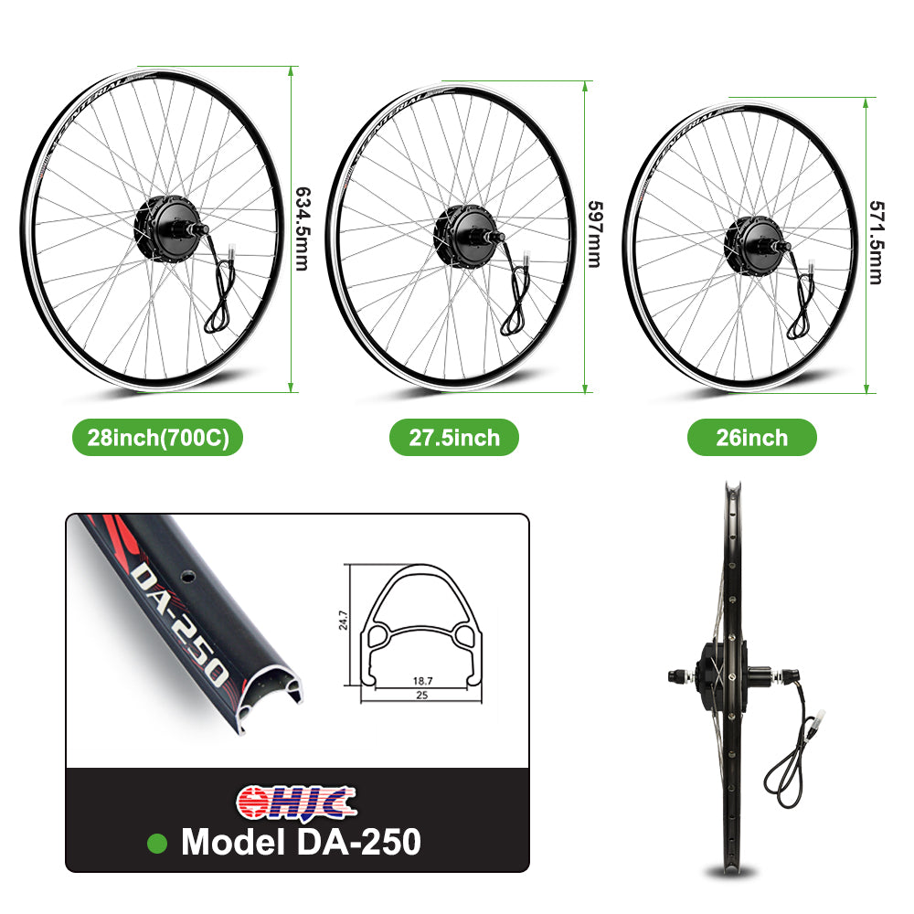 E-Bike ombouwset 36V 250W 28" Achter Motor Kit voor Vrijloop met 36V 18Ah Accu