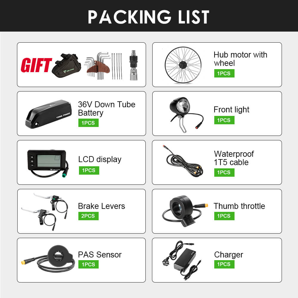 E-Bike ombouwset 36V 250W 28"(700C) Voormotor Kit met HL1 36V 18Ah Accu Naafmotor DIY