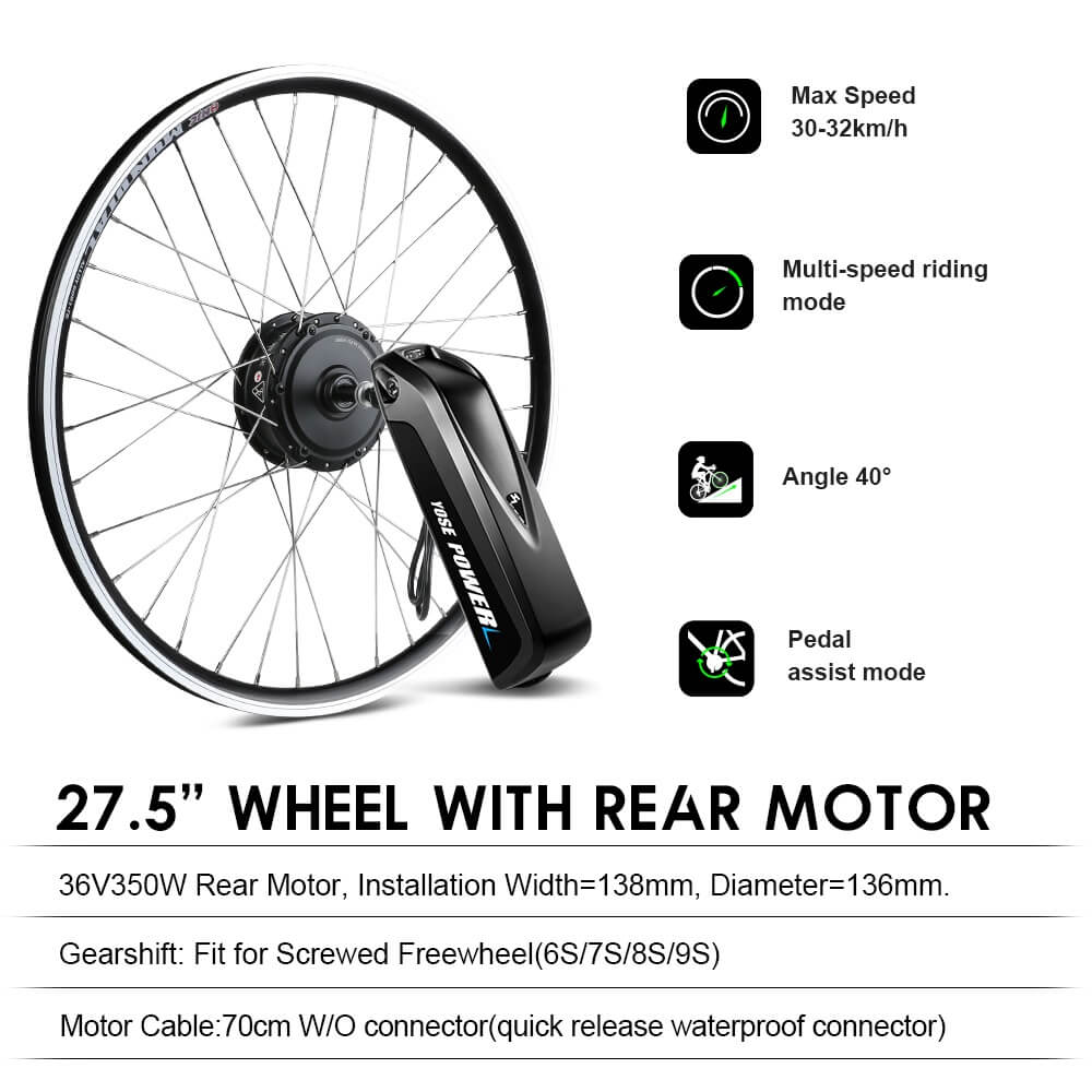E-Bike ombouwset 36V 350W 27.5" Achter Motor Kit voor Vrijwiel met 36V 13Ah Accu