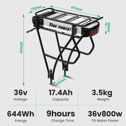 36V 13Ah/14.5Ah/15.6Ah/16Ah/17.4Ah E-Bike Lithium-ion Accu met/zonder Zwarte Bagagedrager Geschikt voor 26"-28" Fiets