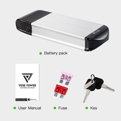 36V 13Ah/14.5Ah/15.6Ah/16Ah/17.4Ah E-Bike Lithium-ion Accu met/zonder Zwarte Bagagedrager Geschikt voor 26"-28" Fiets
