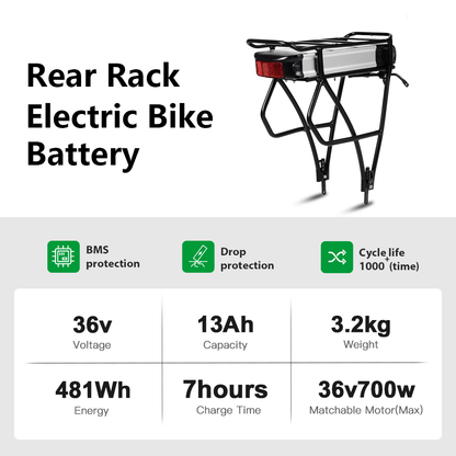 36V 13Ah/14.5Ah/15.6Ah/16Ah/17.4Ah E-Bike Lithium-ion Accu met/zonder Zwarte Bagagedrager Geschikt voor 26"-28" Fiets