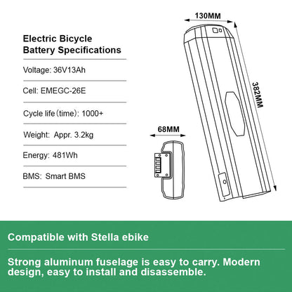 36V 13Ah(481Wh) Achteraccu voor Stella Bike Elektrische Fiets Lithium-ion Accu Zwart zonder Oplader en Houder
