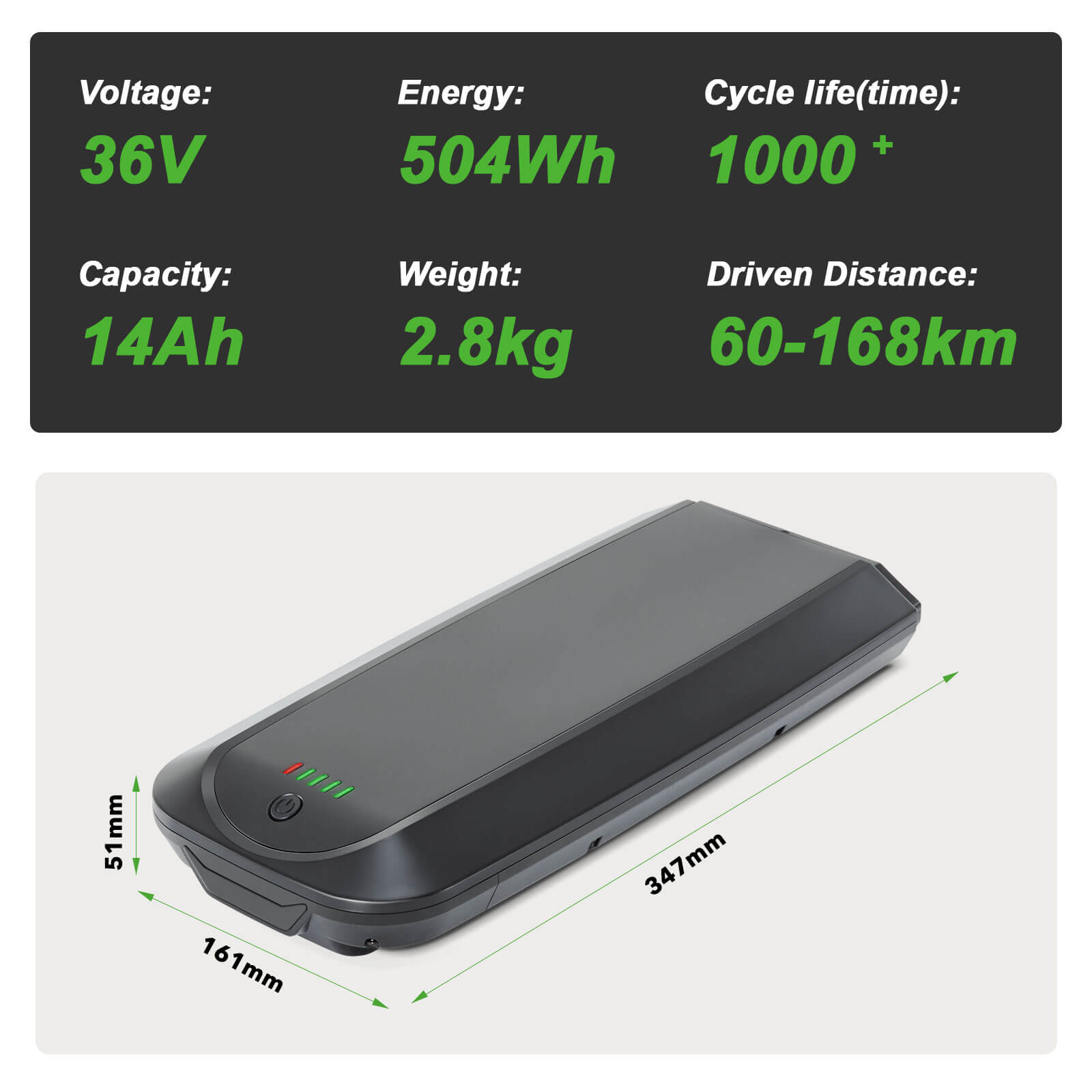 36V 14Ah(504Wh) Li-ion E-Bike Accu LG Cellen YJ145 voor E-Bikes van Telefunken, Zündapp, Chrisson etc. zonder Oplader