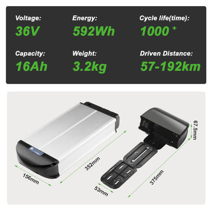 36V 13Ah/14.5Ah/15.6Ah/16Ah/17.4Ah E-Bike Lithium-ion Accu met/zonder Zwarte Bagagedrager Geschikt voor 26"-28" Fiets