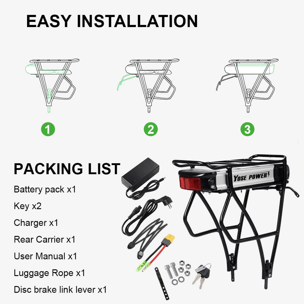36V 13Ah/14.5Ah/15.6Ah/16Ah/17.4Ah E-Bike Lithium-ion Accu met/zonder Zwarte Bagagedrager Geschikt voor 26"-28" Fiets