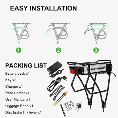 36V 13Ah/14.5Ah/15.6Ah/16Ah/17.4Ah E-Bike Lithium-ion Accu met/zonder Zwarte Bagagedrager Geschikt voor 26"-28" Fiets