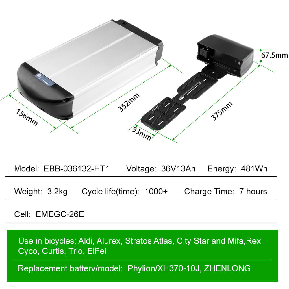36V 13Ah/14.5Ah/15.6Ah/16Ah/17.4Ah E-Bike Lithium-ion Accu met/zonder Zwarte Bagagedrager Geschikt voor 26"-28" Fiets