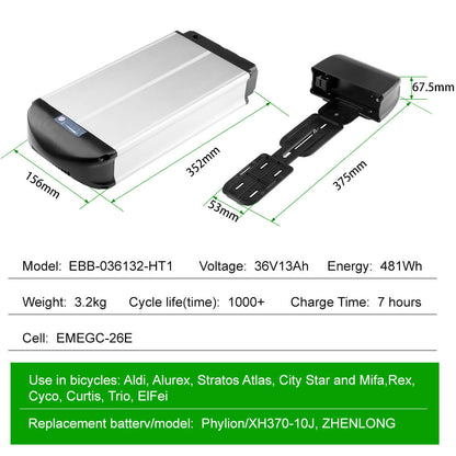 36V 13Ah/14.5Ah/15.6Ah/16Ah/17.4Ah E-Bike Lithium-ion Accu met/zonder Zwarte Bagagedrager Geschikt voor 26"-28" Fiets