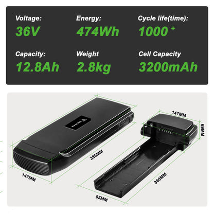 36V 10.4Ah(385Wh)/12.8Ah(474Wh) E-Bike Achteraccu met Lader en Houder voor Phylion Joycube SF-03 JCEB360-11