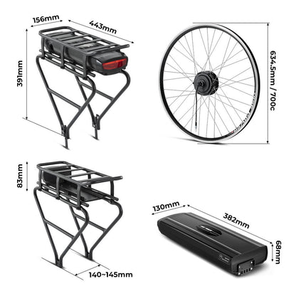 E-Bike ombouwset 36V 250W 28" (700C) Front Motor Kit R1 met 36V 13Ah Achteraccu en Kleurendisplay Geschikt voor