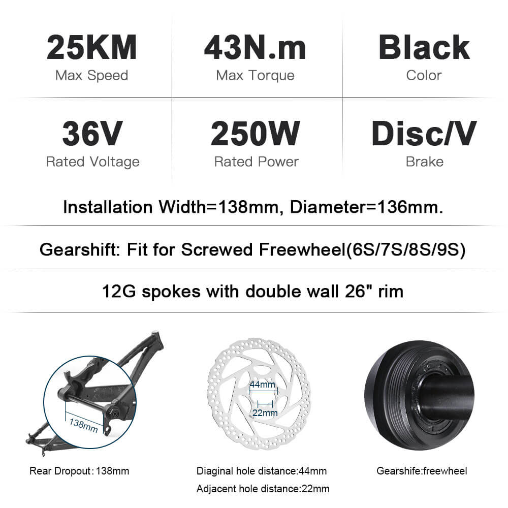 E-Bike ombouwset 36V 250W 26" Achter Vrijwiel Motor Kit Fiets Naafmotor
