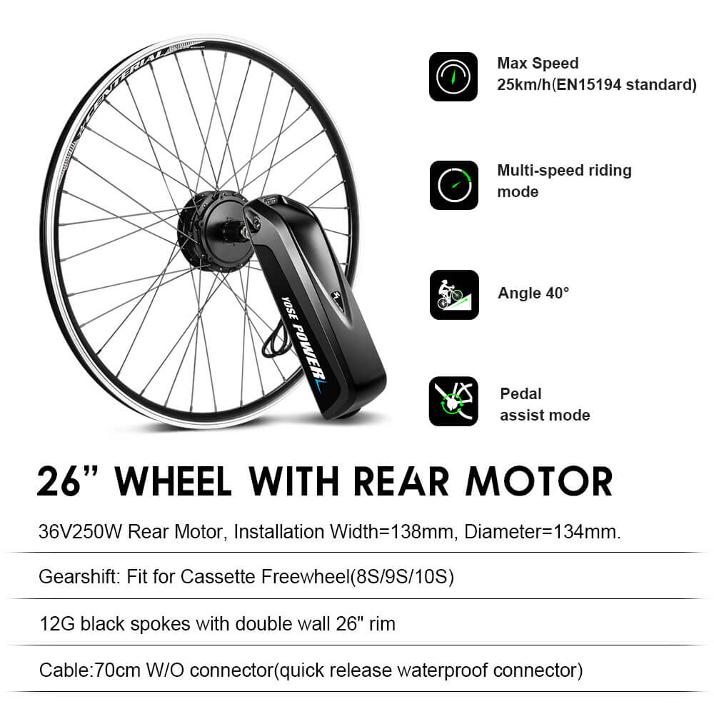 E-Bike ombouwset 36V 250W 26" Achter Motor Kit voor Cassette met 36V 13Ah Accu