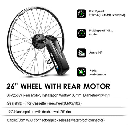 E-Bike ombouwset 36V 250W 26" Achter Motor Kit voor Cassette met 36V 13Ah Accu