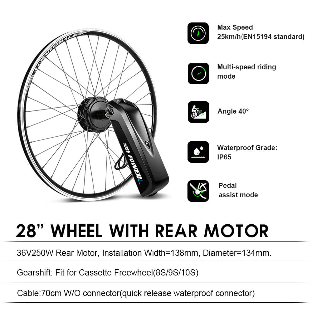 E-Bike ombouwset 36V 250W 28"(700C) Achter Motor Kit voor Cassette met 36V 13Ah Accu