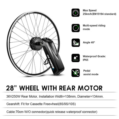 E-Bike ombouwset 36V 250W 28"(700C) Achter Motor Kit voor Cassette met 36V 13Ah Accu