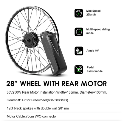 E-Bike ombouwset 36V 250W 28" Achter Motor Kit voor Vrijloop met 36V 18Ah Accu