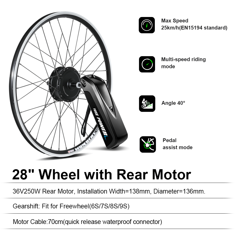 E-Bike ombouwset 36V 250W 28"(700C) Achter Motor Kit voor Vrijloop met 36V 13Ah Accu en Oplader