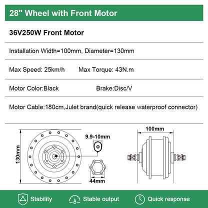 E-Bike ombouwset 36V 250W 28"(700C) Voormotor Kit met HL1 36V 15.6Ah Accu Naafmotor DIY