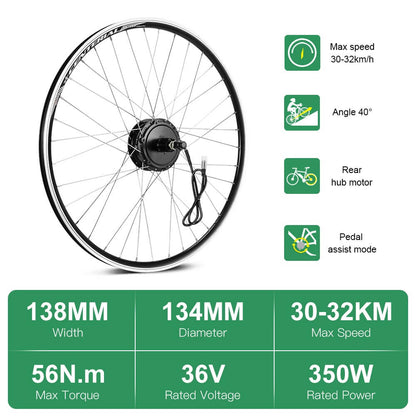 E-Bike ombouwset 36V 350W 26" Achter Cassette Motor Fiets Naafmotor Conversie Kit