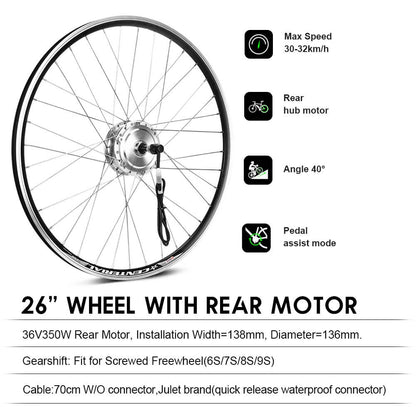 E-Bike ombouwset 36V 350W 26" Achter Freewheel Motor Fiets Naafmotor Kit in Zilver
