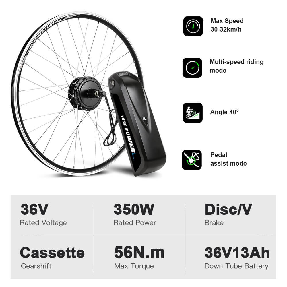 E-Bike ombouwset 36V 350W 26" Achter Motor Kit voor Cassette met 36V 13Ah Accu