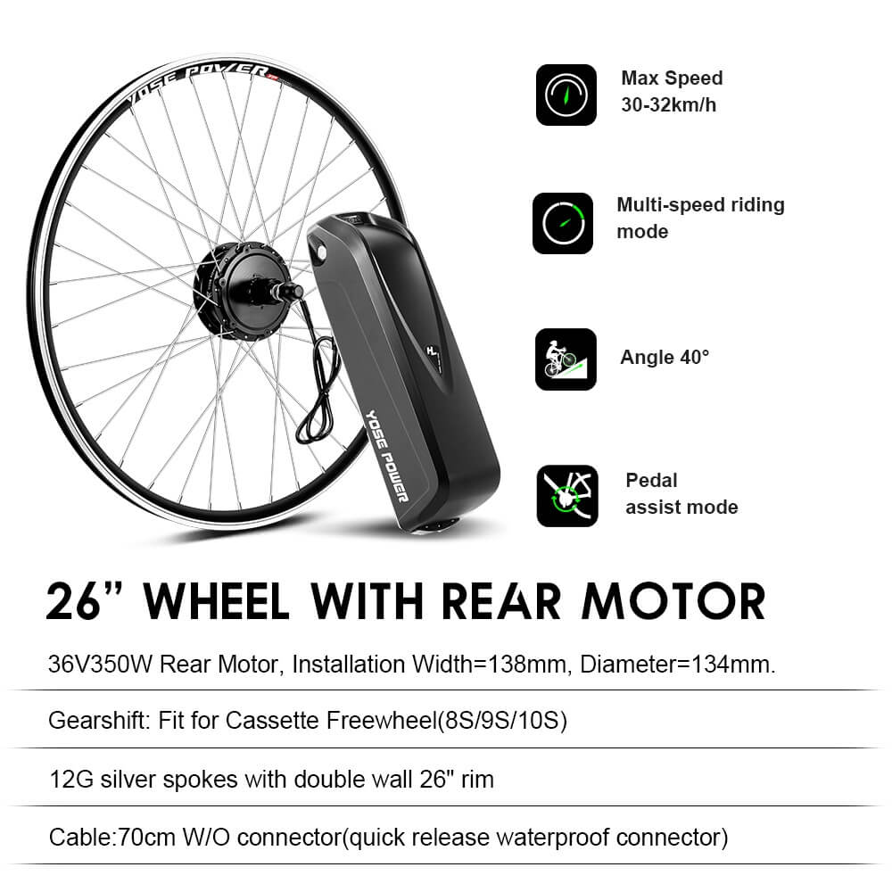 E-Bike ombouwset 36V 350W 26" Achter Motor Kit voor Cassette met 36V 18Ah Accu