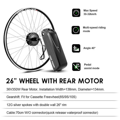 E-Bike ombouwset 36V 350W 26" Achter Motor Kit voor Cassette met 36V 18Ah Accu