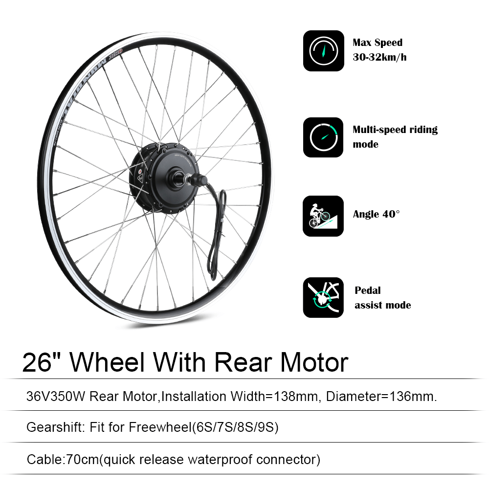E-Bike ombouwset 36V 350W 26" Achter Motor Kit voor Vrijwiel met 36V 13Ah Accu