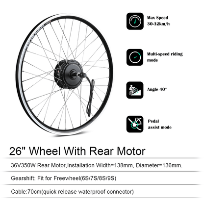 E-Bike ombouwset 36V 350W 26" Achter Motor Kit voor Vrijwiel met 36V 13Ah Accu
