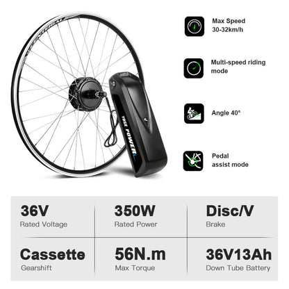 E-Bike ombouwset 36V 350W 28"(700C) Achter Motor Kit voor Cassette met 36V 13Ah Accu