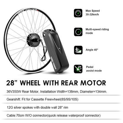 E-Bike ombouwset 36V 350W 28"(700C) Achter Motor Kit voor Cassette met 36V 18Ah Accu