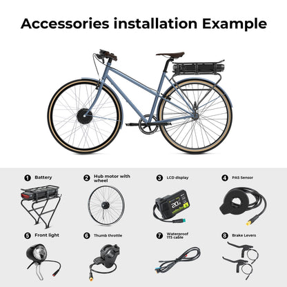 E-Bike ombouwset 36V 250W 28"(700C) Voormotor Kit R1-Pro met 36V 13Ah Achteraccu en Kleurendisplay INNER ROTOR